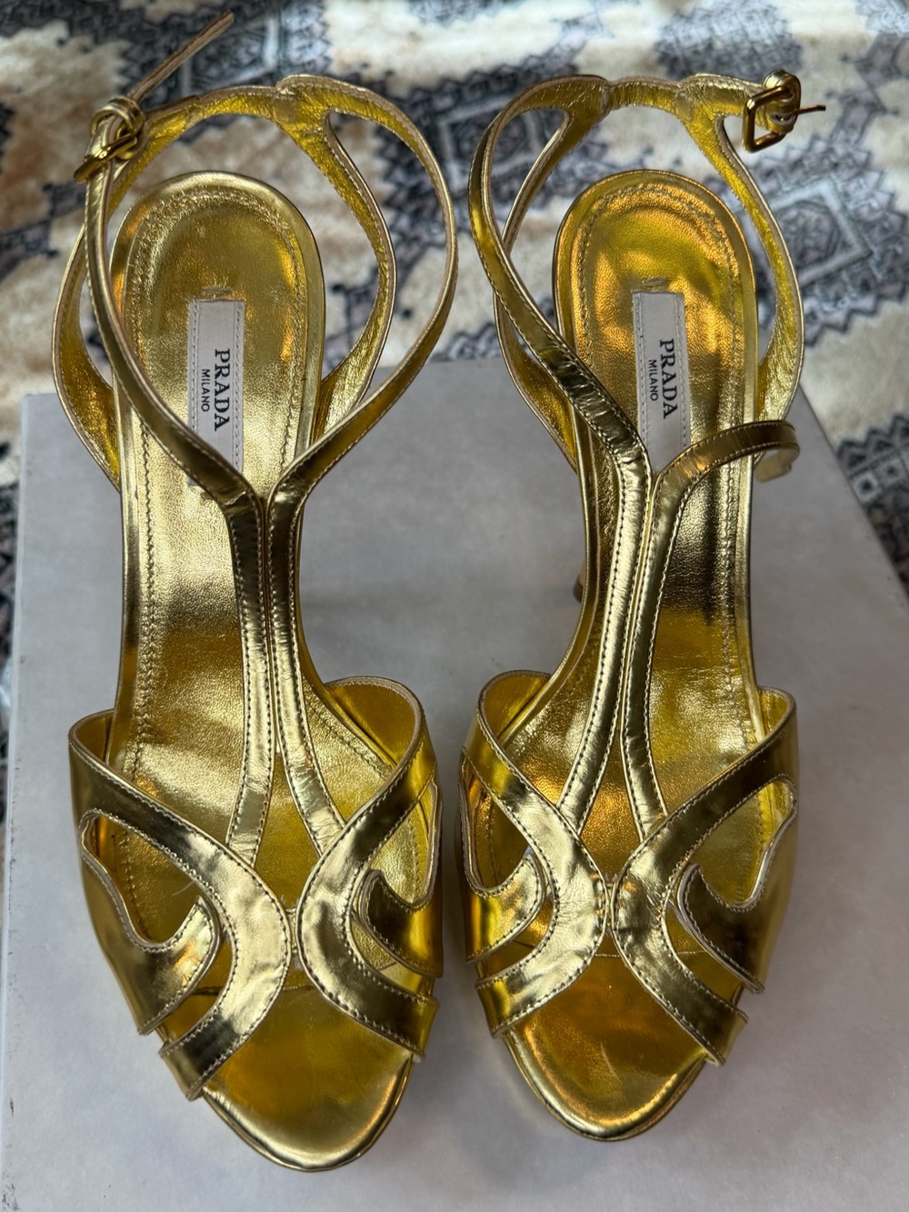 Prada Metallic Gold Strappy T-Bar Heels